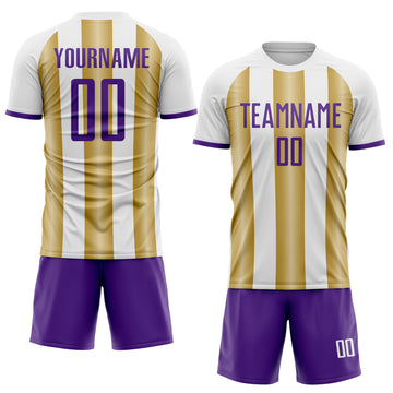 Custom White Purple-Old Gold Gradient Vertical Stripe Argentina Style Sublimation Soccer Uniform Jersey