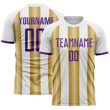 Custom White Purple-Old Gold Gradient Vertical Stripe Argentina Style Sublimation Soccer Uniform Jersey
