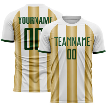 Custom White Green-Old Gold Gradient Vertical Stripe Argentina Style Sublimation Soccer Uniform Jersey