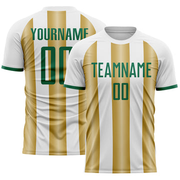 Custom White Kelly Green-Old Gold Gradient Vertical Stripe Argentina Style Sublimation Soccer Uniform Jersey