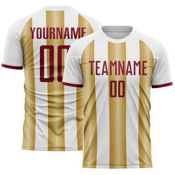 Custom White Crimson-Old Gold Gradient Vertical Stripe Argentina Style Sublimation Soccer Uniform Jersey