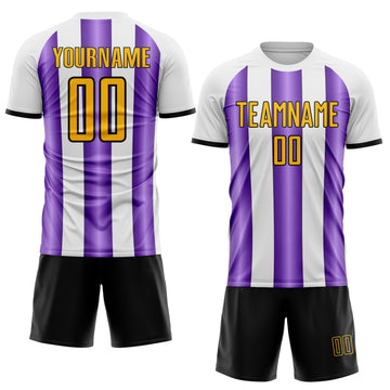 Custom White Gold Purple-Black Gradient Vertical Stripe Argentina Style Sublimation Soccer Uniform Jersey
