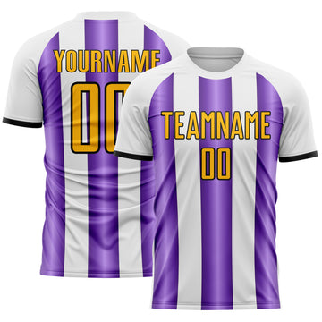 Custom White Gold Purple-Black Gradient Vertical Stripe Argentina Style Sublimation Soccer Uniform Jersey