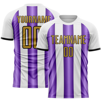 Custom White Old Gold Purple-Black Gradient Vertical Stripe Argentina Style Sublimation Soccer Uniform Jersey