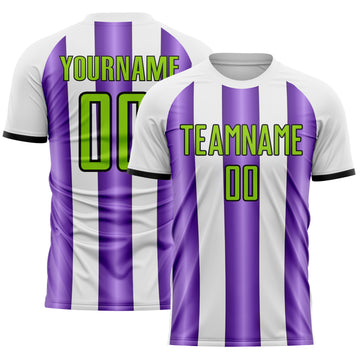 Custom White Neon Green Purple-Black Gradient Vertical Stripe Argentina Style Sublimation Soccer Uniform Jersey