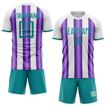 Custom White Teal-Purple Gradient Vertical Stripe Argentina Style Sublimation Soccer Uniform Jersey