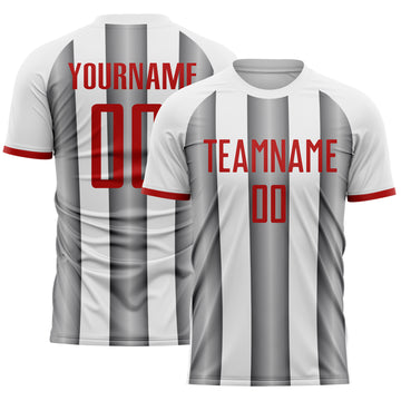 Custom White Red-Steel Gray Gradient Vertical Stripe Argentina Style Sublimation Soccer Uniform Jersey