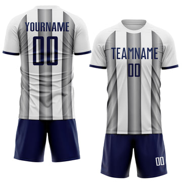 Custom White Navy-Steel Gray Gradient Vertical Stripe Argentina Style Sublimation Soccer Uniform Jersey
