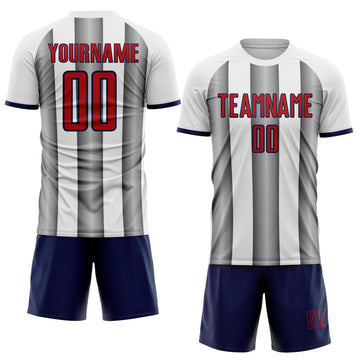 Custom White Red Steel Gray-Navy Gradient Vertical Stripe Argentina Style Sublimation Soccer Uniform Jersey