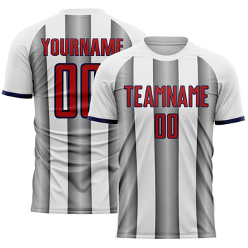 Custom White Red Steel Gray-Navy Gradient Vertical Stripe Argentina Style Sublimation Soccer Uniform Jersey