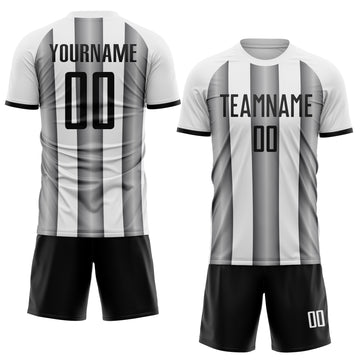 Custom White Black-Steel Gray Gradient Vertical Stripe Argentina Style Sublimation Soccer Uniform Jersey