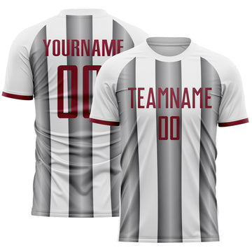 Custom White Crimson-Steel Gray Gradient Vertical Stripe Argentina Style Sublimation Soccer Uniform Jersey