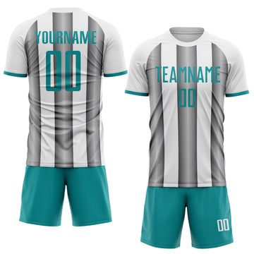 Custom White Teal-Steel Gray Gradient Vertical Stripe Argentina Style Sublimation Soccer Uniform Jersey