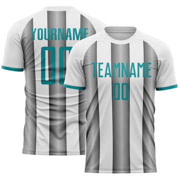 Custom White Teal-Steel Gray Gradient Vertical Stripe Argentina Style Sublimation Soccer Uniform Jersey