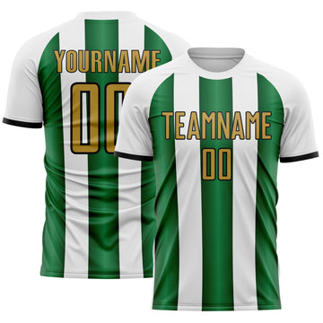 Custom White Old Gold Green-Black Gradient Vertical Stripe Argentina Style Sublimation Soccer Uniform Jersey