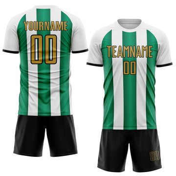 Custom White Old Gold Kelly Green-Black Gradient Vertical Stripe Argentina Style Sublimation Soccer Uniform Jersey