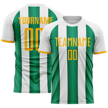 Custom White Gold-Kelly Green Gradient Vertical Stripe Argentina Style Sublimation Soccer Uniform Jersey