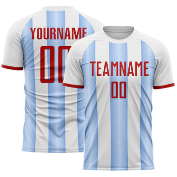 Custom White Red-Light Blue Gradient Vertical Stripe Argentina Style Sublimation Soccer Uniform Jersey