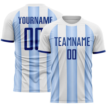 Custom White Royal-Light Blue Gradient Vertical Stripe Argentina Style Sublimation Soccer Uniform Jersey