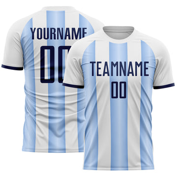 Custom White Navy-Light Blue Gradient Vertical Stripe Argentina Style Sublimation Soccer Uniform Jersey