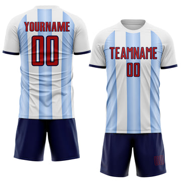 Custom White Red Light Blue-Navy Gradient Vertical Stripe Argentina Style Sublimation Soccer Uniform Jersey