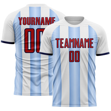 Custom White Red Light Blue-Navy Gradient Vertical Stripe Argentina Style Sublimation Soccer Uniform Jersey