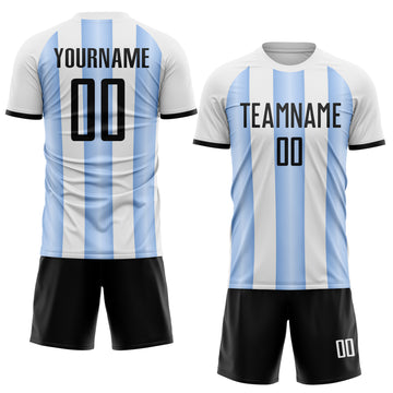 Custom White Black-Light Blue Gradient Vertical Stripe Argentina Style Sublimation Soccer Uniform Jersey