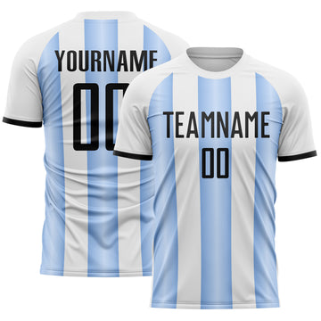 Custom White Black-Light Blue Gradient Vertical Stripe Argentina Style Sublimation Soccer Uniform Jersey