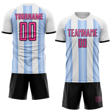 Custom White Pink Light Blue-Black Gradient Vertical Stripe Argentina Style Sublimation Soccer Uniform Jersey