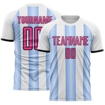 Custom White Pink Light Blue-Black Gradient Vertical Stripe Argentina Style Sublimation Soccer Uniform Jersey
