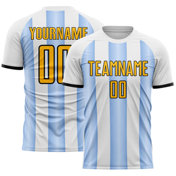 Custom White Gold Light Blue-Black Gradient Vertical Stripe Argentina Style Sublimation Soccer Uniform Jersey