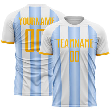 Custom White Gold-Light Blue Gradient Vertical Stripe Argentina Style Sublimation Soccer Uniform Jersey
