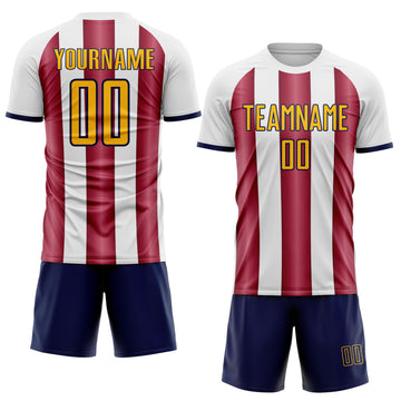 Custom White Gold Crimson-Navy Gradient Vertical Stripe Argentina Style Sublimation Soccer Uniform Jersey