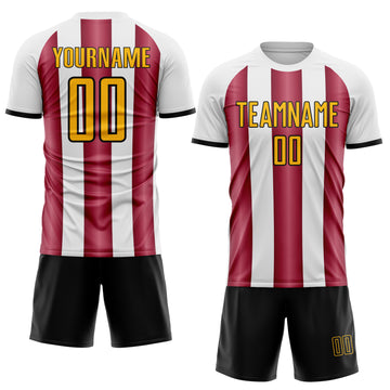 Custom White Gold Crimson-Black Gradient Vertical Stripe Argentina Style Sublimation Soccer Uniform Jersey