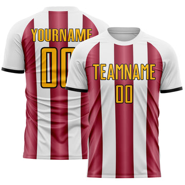 Custom White Gold Crimson-Black Gradient Vertical Stripe Argentina Style Sublimation Soccer Uniform Jersey