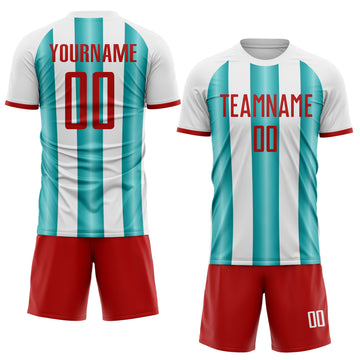 Custom White Red-Teal Gradient Vertical Stripe Argentina Style Sublimation Soccer Uniform Jersey