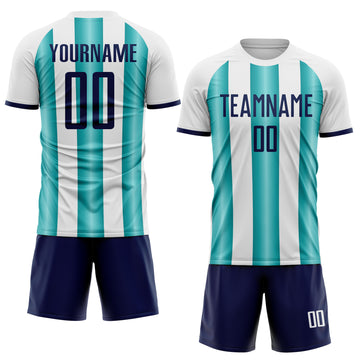 Custom White Navy-Teal Gradient Vertical Stripe Argentina Style Sublimation Soccer Uniform Jersey
