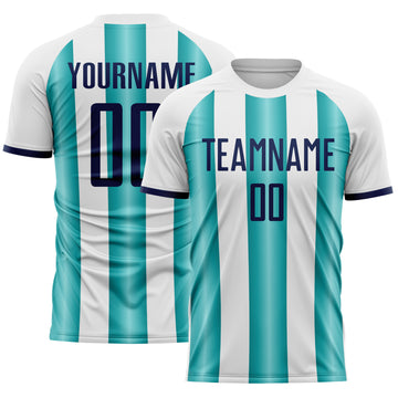 Custom White Navy-Teal Gradient Vertical Stripe Argentina Style Sublimation Soccer Uniform Jersey