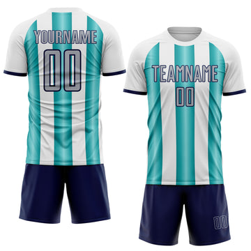 Custom White Gray Teal-Navy Gradient Vertical Stripe Argentina Style Sublimation Soccer Uniform Jersey