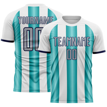Custom White Gray Teal-Navy Gradient Vertical Stripe Argentina Style Sublimation Soccer Uniform Jersey
