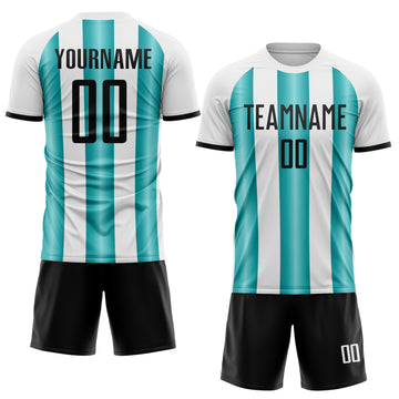 Custom White Black-Teal Gradient Vertical Stripe Argentina Style Sublimation Soccer Uniform Jersey
