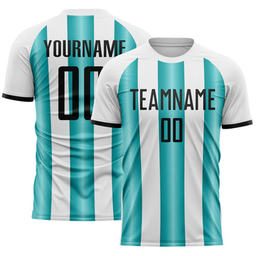 Custom White Black-Teal Gradient Vertical Stripe Argentina Style Sublimation Soccer Uniform Jersey