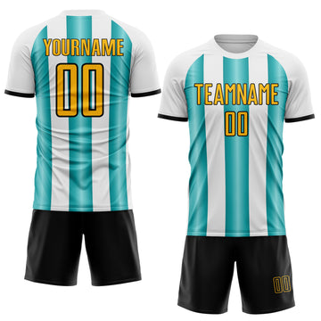 Custom White Gold Teal-Black Gradient Vertical Stripe Argentina Style Sublimation Soccer Uniform Jersey
