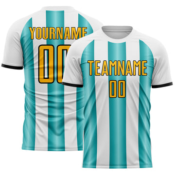 Custom White Gold Teal-Black Gradient Vertical Stripe Argentina Style Sublimation Soccer Uniform Jersey