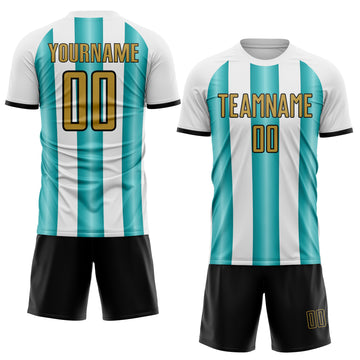 Custom White Old Gold Teal-Black Gradient Vertical Stripe Argentina Style Sublimation Soccer Uniform Jersey