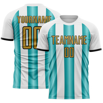 Custom White Old Gold Teal-Black Gradient Vertical Stripe Argentina Style Sublimation Soccer Uniform Jersey