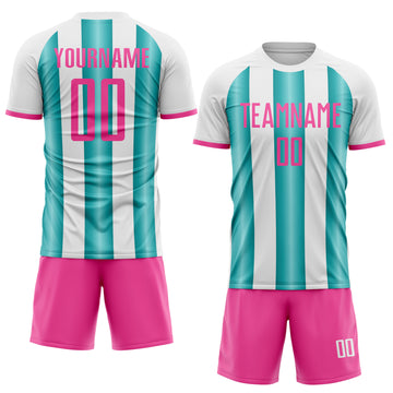 Custom White Pink-Teal Gradient Vertical Stripe Argentina Style Sublimation Soccer Uniform Jersey