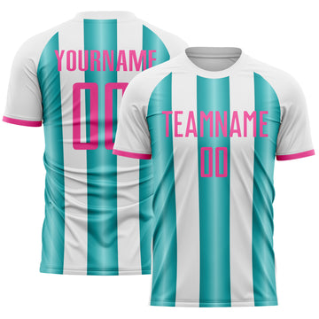 Custom White Pink-Teal Gradient Vertical Stripe Argentina Style Sublimation Soccer Uniform Jersey
