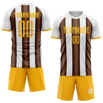 Custom White Gold-Brown Gradient Vertical Stripe Argentina Style Sublimation Soccer Uniform Jersey
