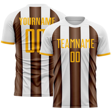Custom White Gold-Brown Gradient Vertical Stripe Argentina Style Sublimation Soccer Uniform Jersey